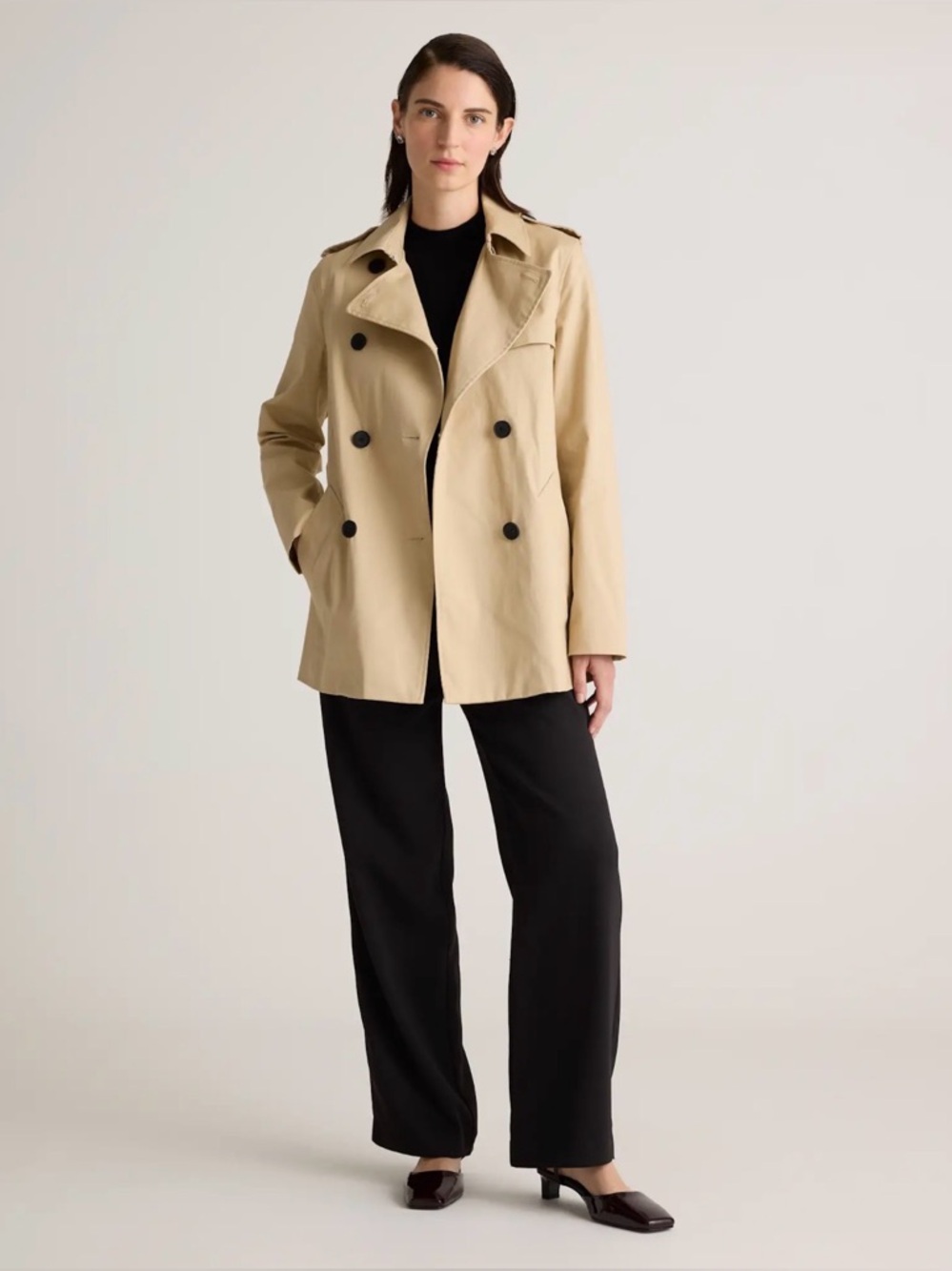Quince Comfort Stretch Short Double-Breasted Trench Coat Light Khaki Size L